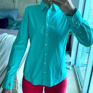 J. Crew sz sm robin blue button down shirt with pink MSS embroidered on sleeve